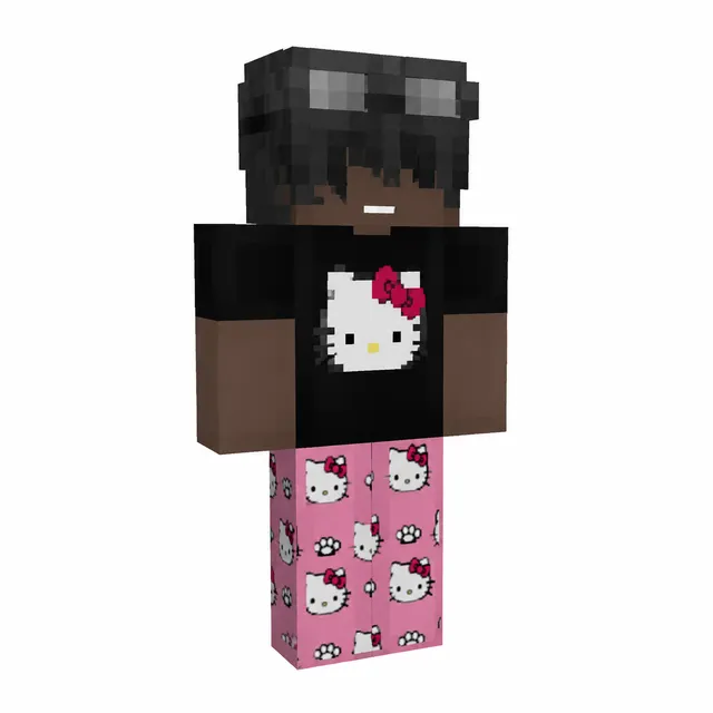 Minecraft skin with black Hello Kitty shirt, pink kitty-print pajama pants, and dark hair with goggles.
