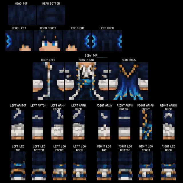 Blue arcane mage Minecraft skin with royal coat, gold trim, and cyan highlights.