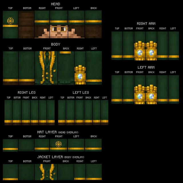 Emerald-robed Minecraft skin with gold trim and jeweled arm bracers