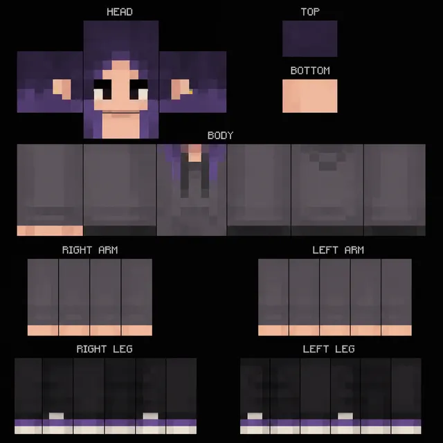 Minecraft skin template of a purple-haired character in a dark hoodie with purple-accent shoes.