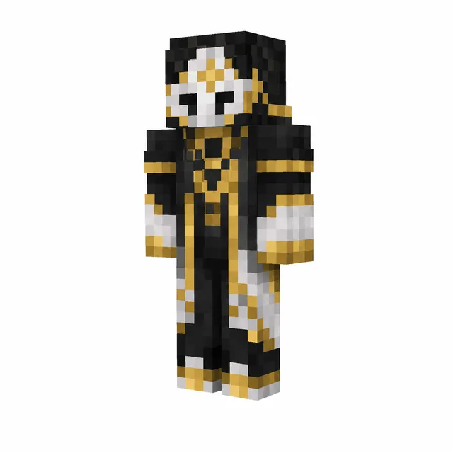 Black and gold hooded Minecraft skin with white mask and gold-trimmed robe