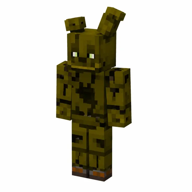 Minecraft skin of a decayed green animatronic rabbit with torn patches and pale eyes in a neutral pose.