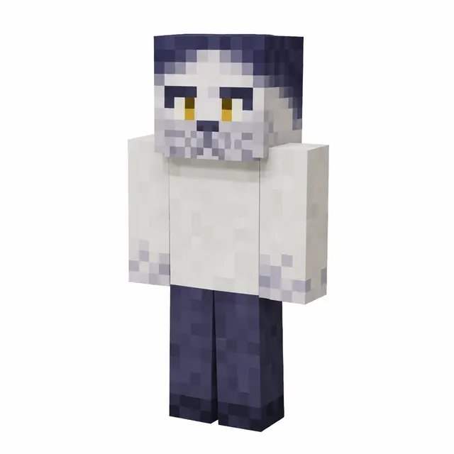 Minecraft skin of a gray-white cat person with yellow eyes, white long-sleeve shirt, and dark navy pants in a neutral pose.