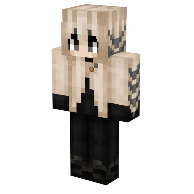 Minecraft skin with beige hooded jacket, long light hair, black pants and boots