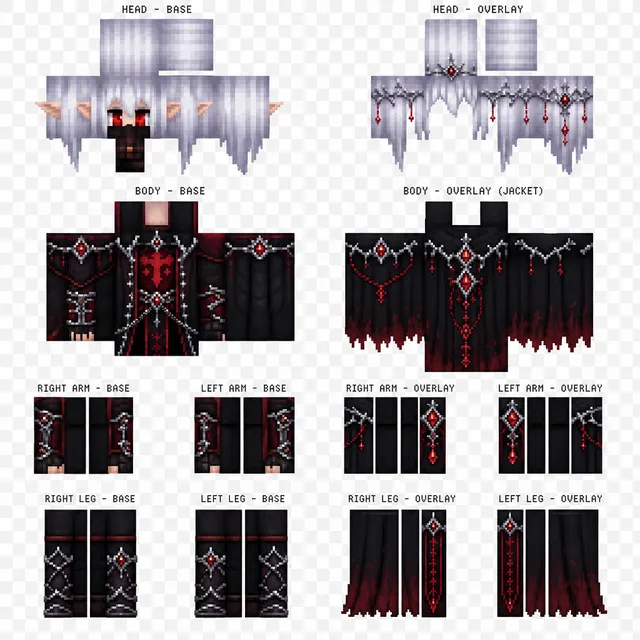 Gothic Minecraft skin: silver-haired, red-eyed figure with pointed ears in black and crimson robes, chains, red gems, and cape overlays.
