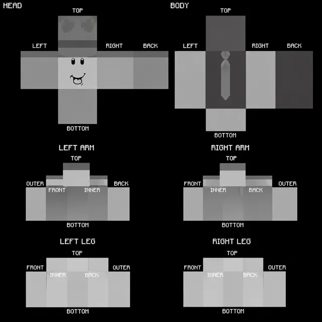 Grayscale Minecraft skin template with fedora, cute face, and tie; full body parts layout on black background.