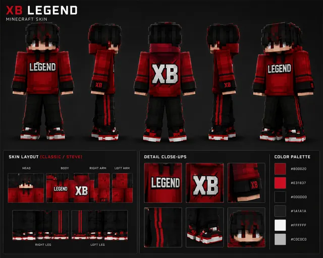 Red and black XB Legend Minecraft skin with hoodie, stripes, and sneakers shown in multi‑angle views and close‑ups.