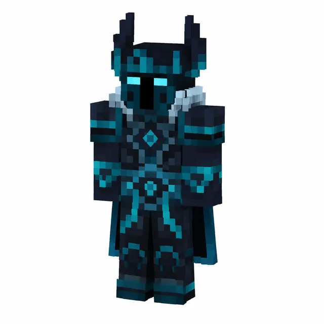 Dark armored Minecraft knight skin with teal runes, horned helmet, and cape in a 3D preview.