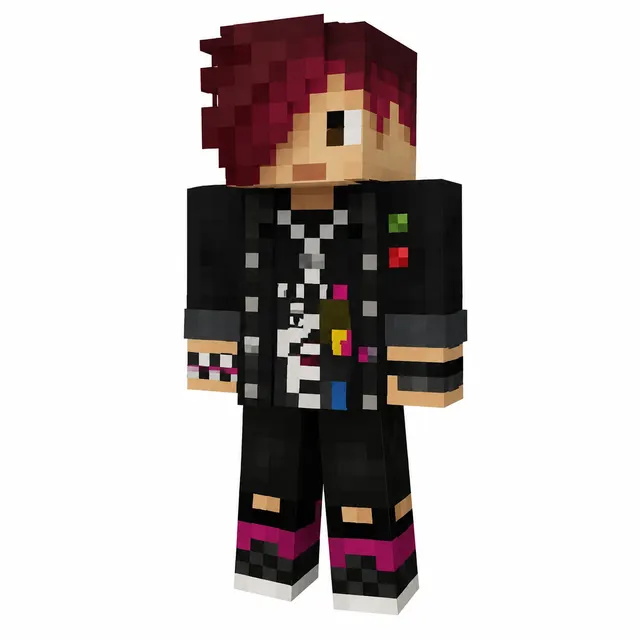 Punk Minecraft skin with burgundy hair, black jacket, graphic tee, and magenta-accented shoes.