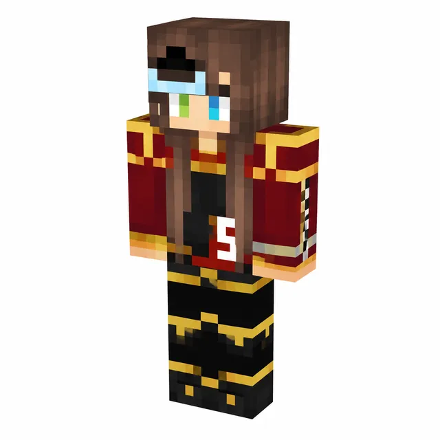 Minecraft skin with long brown hair, red-gold jacket, black outfit, blue visor, and green/blue eyes in 3/4 view.