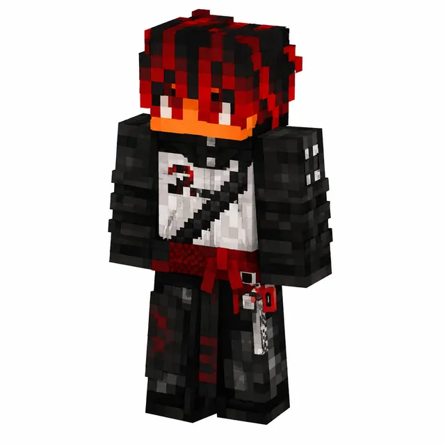 Red and black Minecraft skin with armored sleeves, white shirt, straps, and red sash; cyberpunk street ninja style, 3/4 standing pose.