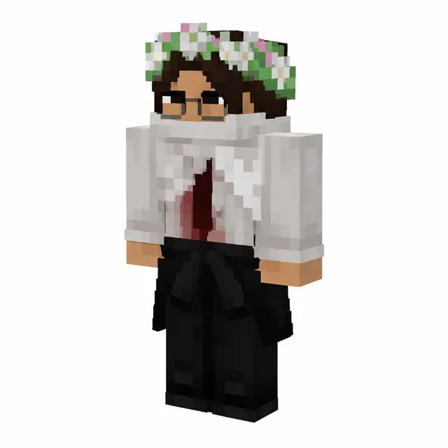 Minecraft skin of student with glasses, flower crown, white shirt, red tie, scarf, black pants, jacket tied at waist.