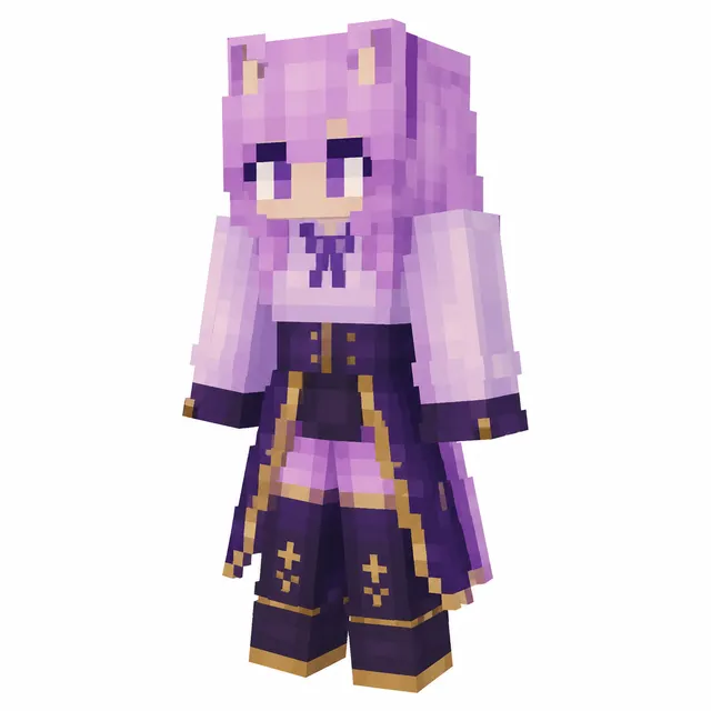 Purple cat-eared mage Minecraft skin with layered robes and gold trim.