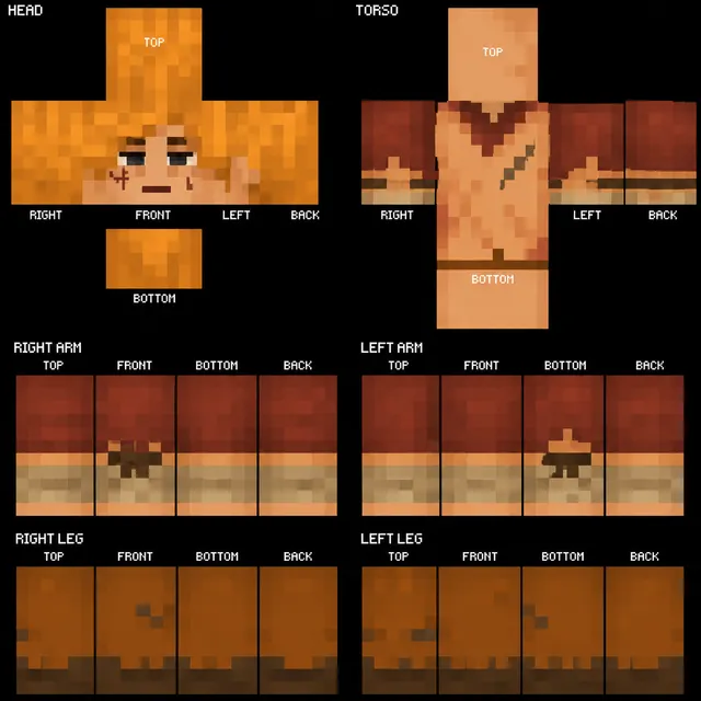 Minecraft skin template of orange-haired nomad with scars, red-brown poncho, tan cuffs, and rugged boots.