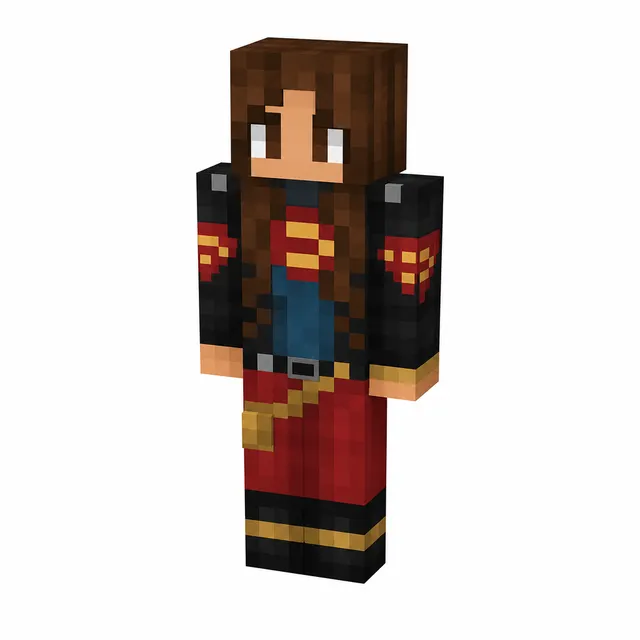 Minecraft skin of a long-haired adventurer in black jacket, blue top, red pants, and gold accents, shown at three-quarter view on white.