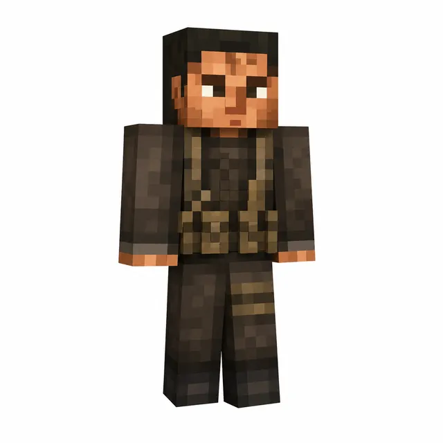 Minecraft skin of a tactical operative in dark gray with tan webbing and pouches on a white background