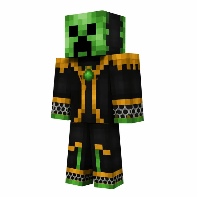 Creeper mage Minecraft skin in black robes with gold trim and emerald brooch, standing pose on white background.