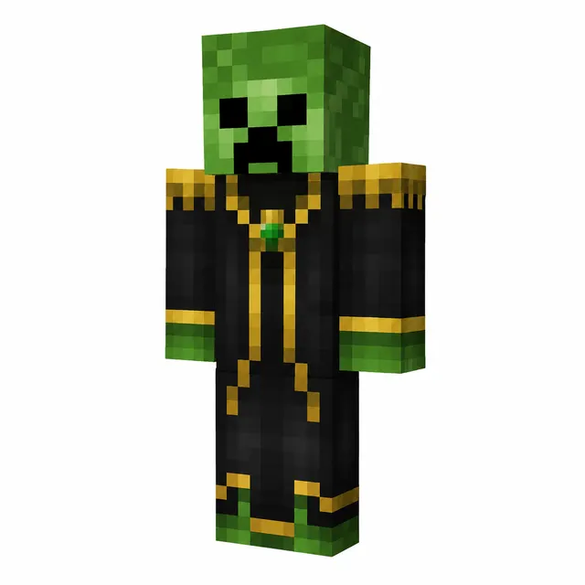 Creeper-themed Minecraft skin wearing black robe with gold trim and emerald pendant, standing in neutral preview pose on white background.