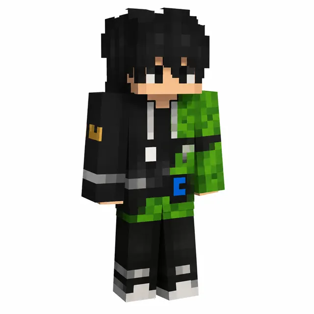 Minecraft skin of a boy in a black hoodie with neon green right arm and blue belt buckle in three-quarter view.