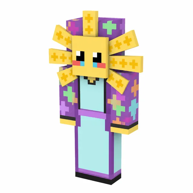 Minecraft skin of a cute sun-headed character in a purple robe with pastel crosses and aqua dress