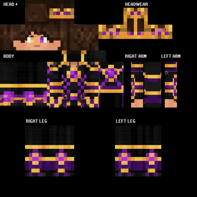 Minecraft skin texture of black armor with gold trim, purple gems, and a jeweled crown, plus brown hair and purple eyes on a labeled template.