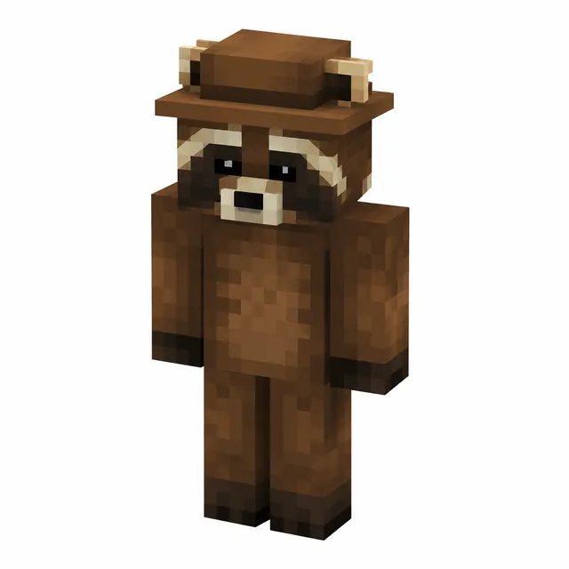 Brown raccoon-themed Minecraft skin with a hat and pixel shading, front view.
