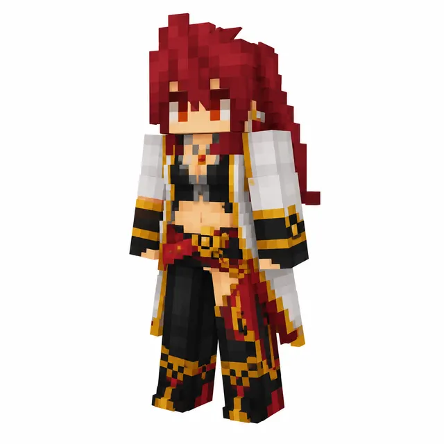 Red-haired adventurer Minecraft skin in white coat with black-and-gold outfit and red sash