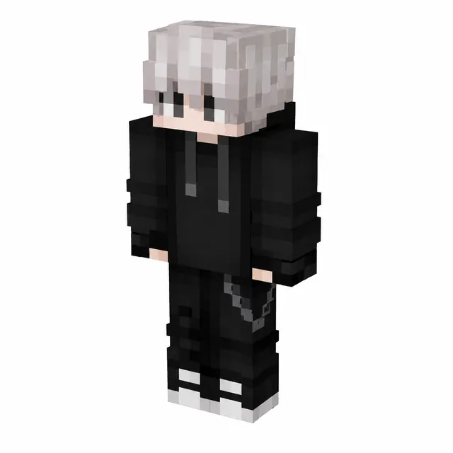 Minecraft skin with silver hair, black hoodie, chain pants, and white sneakers in 3D view.