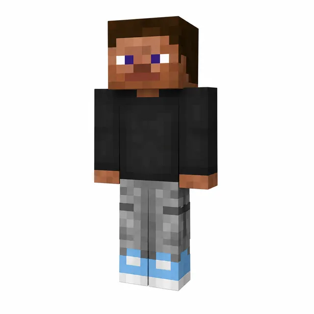 Minecraft skin with black sweatshirt, gray pants, and blue-white sneakers in a 3D render.