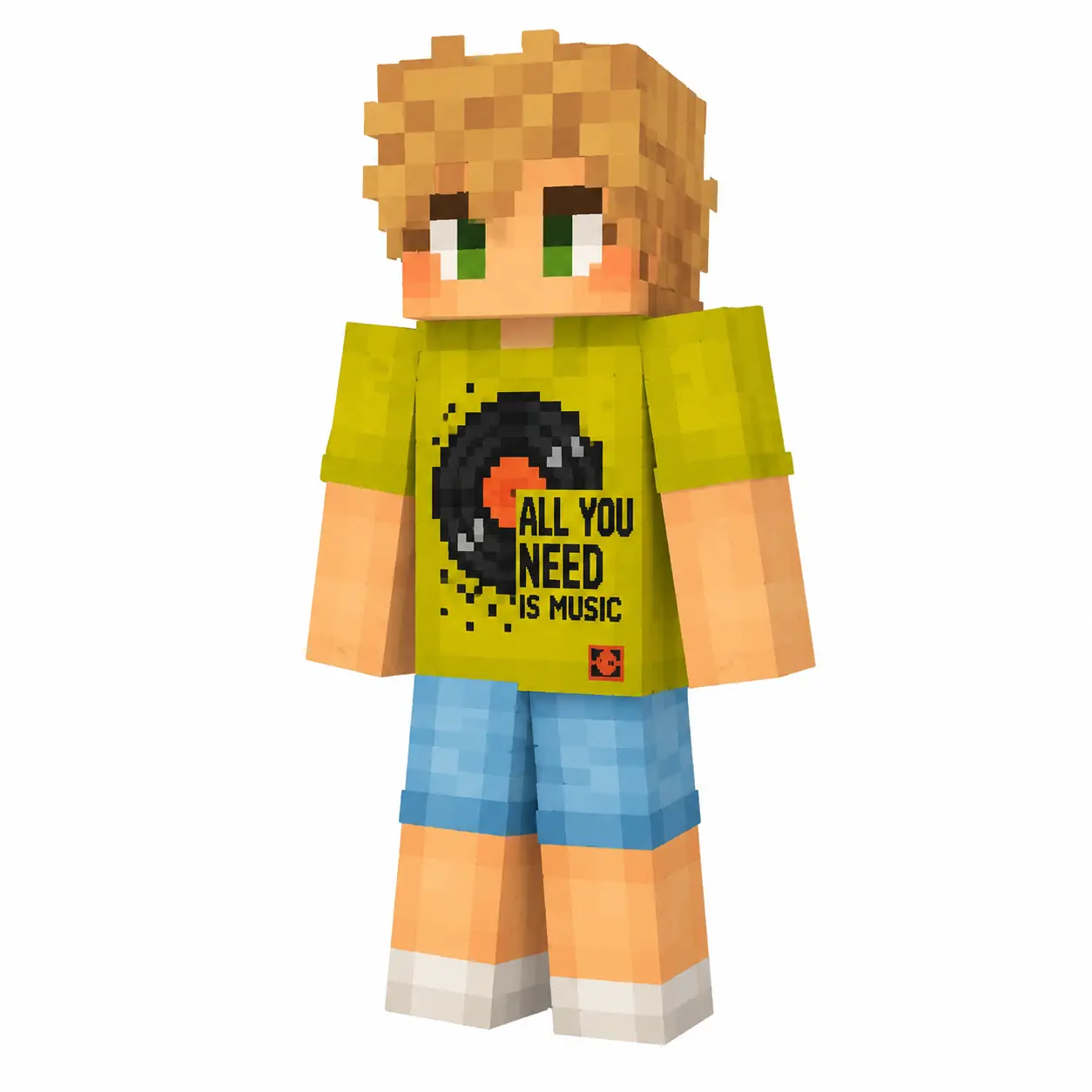 Minecraft character with blond hair, green eyes, lime music T-shirt and blue shorts on a white background.